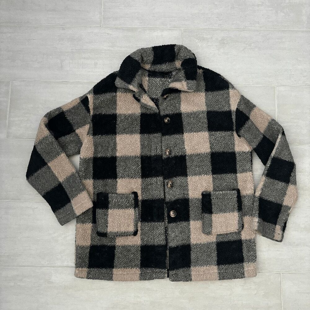 SHEIN LUNE Buffalo Plaid Pattern Drop Shoulder Teddy Coat Pink Black Fuzzy Small